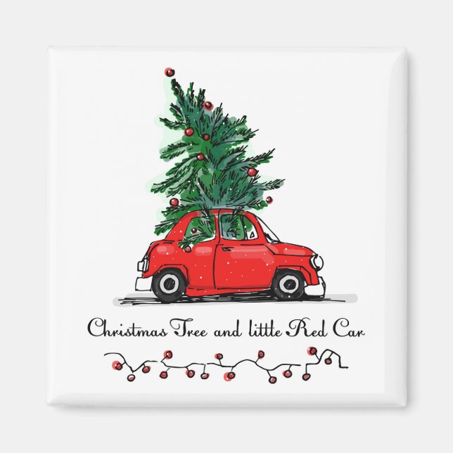 Weihnachtsbaum und kleines Rotes Auto Magnet (Vorne)