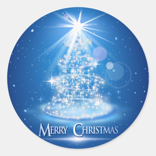Weihnachtsbaum und Licht über blauem Hintergrund Runder Aufkleber (Vorderseite)