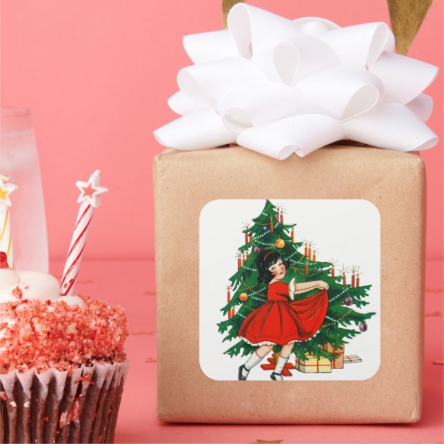 Weihnachtsbaum und Mädchen Quadratischer Aufkleber (Party)