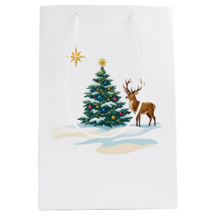 Weihnachtsbaum und Rentier im Schnee Mittlere Geschenktüte