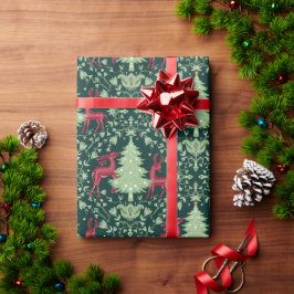Weihnachtsbaum und Rentier - Volkskunst - Grün Geschenkpapier