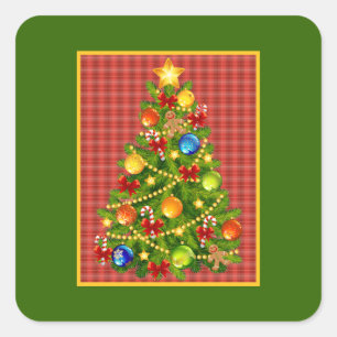 Weihnachtsbaum und Rot Kariert Quadratischer Aufkleber