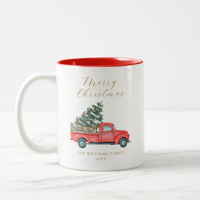 Weihnachtsbaum und roter LKW Merry X'mas Zweifarbige Tasse (Links)