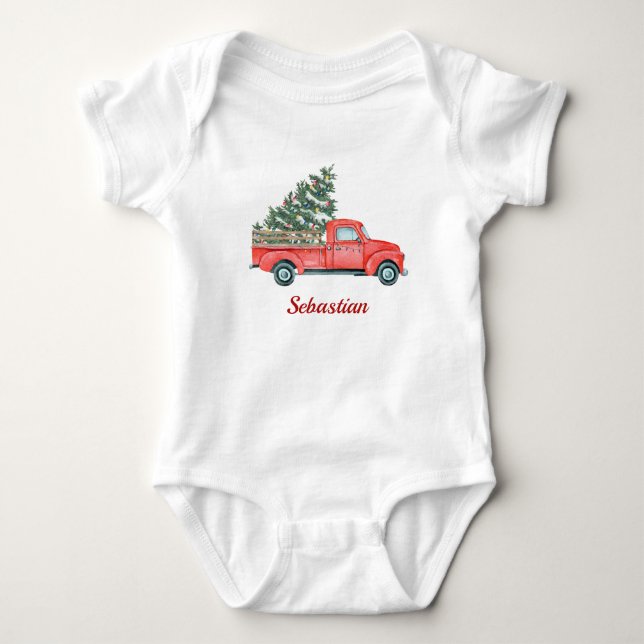 Weihnachtsbaum und Roter LKW X'mas Name Baby Strampler (Vorderseite)