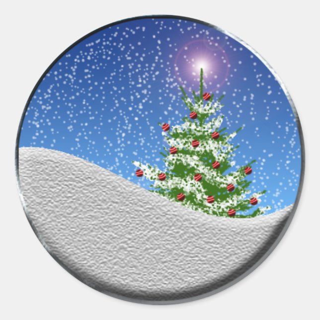 Weihnachtsbaum und Schneefall-Weihnachtsaufkleber Runder Aufkleber (Vorderseite)