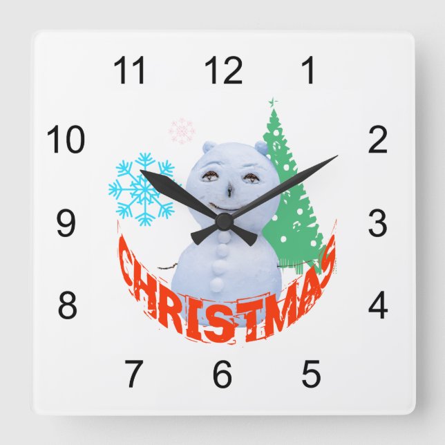 Weihnachtsbaum und Schneemann Quadratische Wanduhr (Vorderseite)