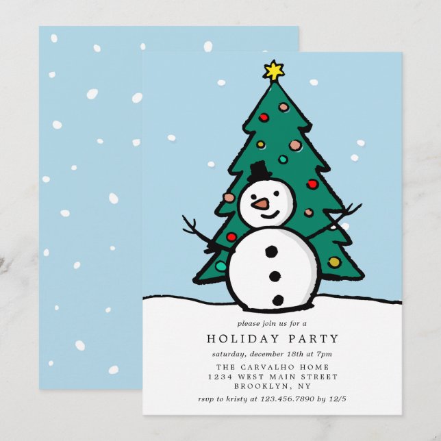 Weihnachtsbaum und Snowman Holiday Party Einladung (Vorne/Hinten)