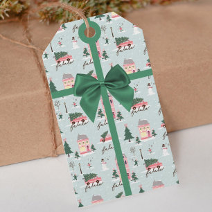 Weihnachtsbaum und Stadt Rosa Retro Van Green Bow Geschenkanhänger