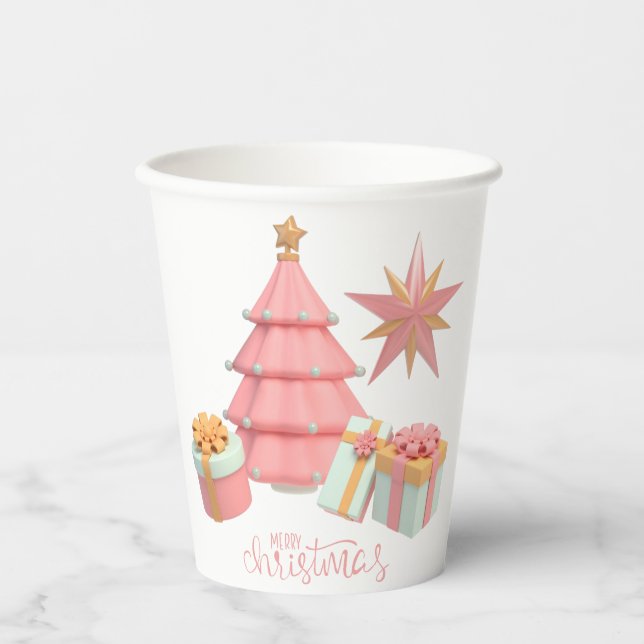 Weihnachtsbaum und Sterne in Rosa und Gold Pappbecher (Vorderseite)