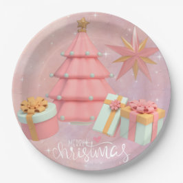 Weihnachtsbaum und Sterne in Rosa und Gold Pappteller