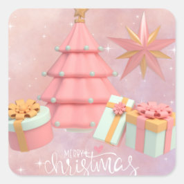 Weihnachtsbaum und Sterne in Rosa und Gold Quadratischer Aufkleber