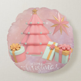 Weihnachtsbaum und Sterne in Rosa und Gold Rundes Kissen
