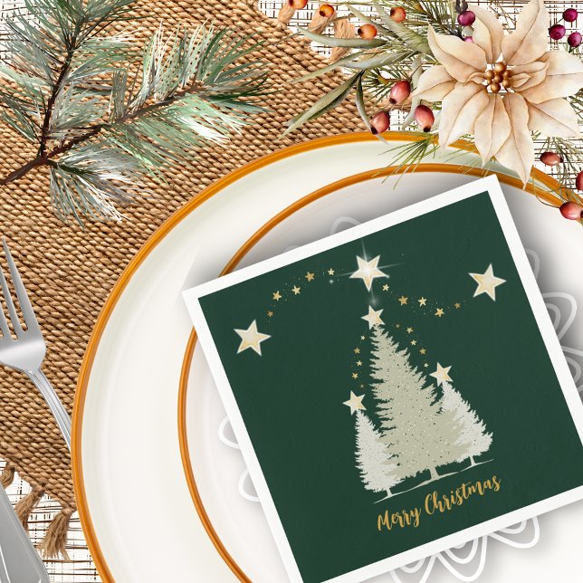 Weihnachtsbaum- und Sternenpapier für Grüne und Go Serviette (Green and Gold Christmas Tree and Stars Paper Napkins)