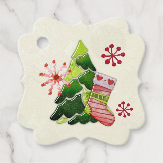 Weihnachtsbaum und Strumpf Whimsey Geschenkanhänger (Vorderseite)