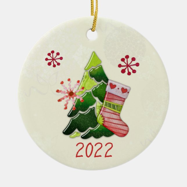 Weihnachtsbaum und Strumpf Whimsey Keramik Ornament (Vorne)