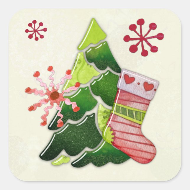 Weihnachtsbaum und Strumpf Whimsey Quadratischer Aufkleber (Vorderseite)