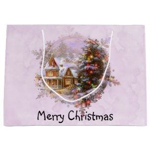 Weihnachtsbaum und Winterlandschaft Wasserfarbe Große Geschenktüte