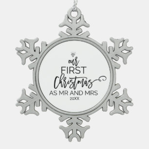Weihnachtsbaum Unsere ersten Weihnachten als Mr. u Schneeflocken Zinn-Ornament