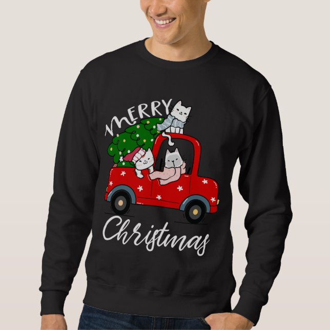 Weihnachtsbaum von Cats auf Red Truck Cat Weihnach Sweatshirt (Vorderseite)