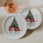 Weihnachtsbaum Wasserfarbe Elegantes Skript Pappteller<br><div class="desc">Dieses Design zeichnet sich durch einen wunderschönen Weihnachtsbaum in Aquarellfarbe mit rot verpackten Weihnachtsgeschenken und schlichten eleganten Schriften aus.</div>