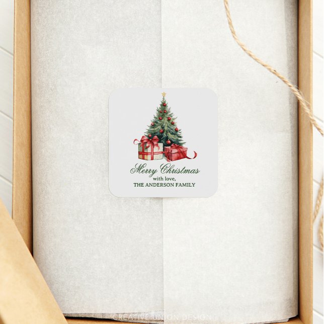 Weihnachtsbaum Wasserfarbe Elegantes Skript Quadratischer Aufkleber (Von Creator hochgeladen)