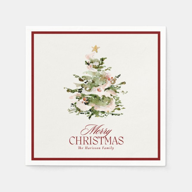 Weihnachtsbaum Wasserfarbe Familienurlaub Napkins Serviette (Vorderseite)