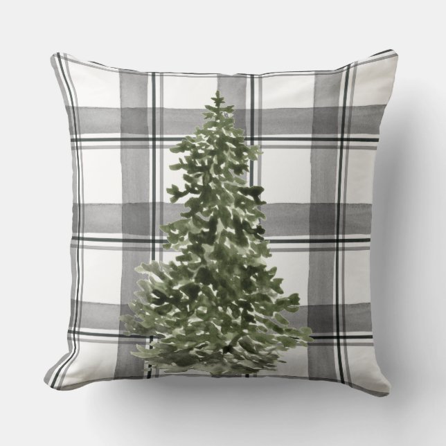 Weihnachtsbaum Wasserfarbe Grau Schwarz Kariert Kissen (Vorderseite)