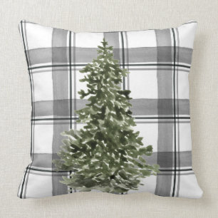 Weihnachtsbaum Wasserfarbe Grau Schwarz Kariert Kissen