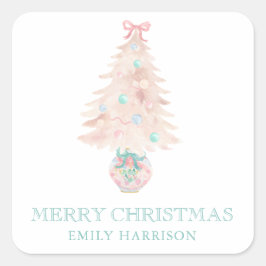 Weihnachtsbaum Wasserfarbe Rosa Grandmillennial Quadratischer Aufkleber