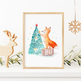 Weihnachtsbaum Wasserfarbe und Niedlicher Fuchs Poster