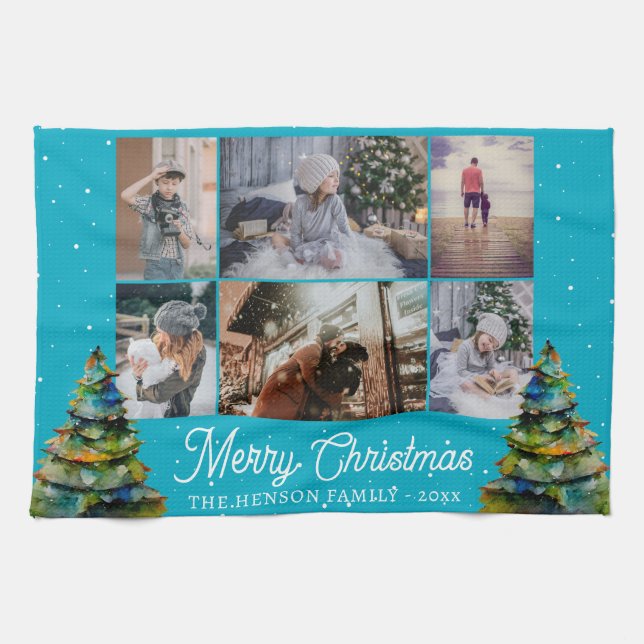 Weihnachtsbaum Wasserfarbenfamilie 6 FotoCollage Geschirrtuch (Horizontal)