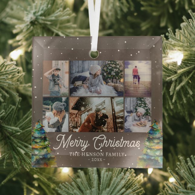 Weihnachtsbaum Wasserfarbenfamilie 6 FotoCollage Ornament Aus Glas (Insitu)