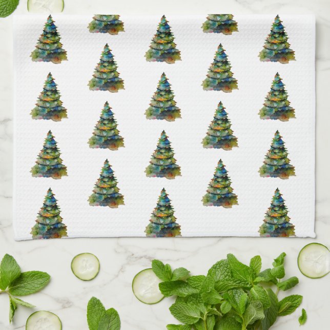 Weihnachtsbaum Wasserfarbenmuster Urlaub Geschirrtuch (Gefaltet)