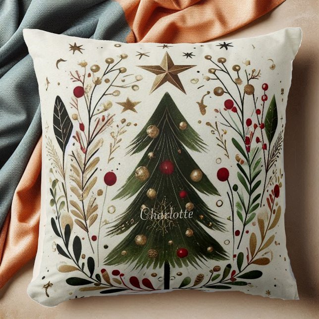 Weihnachtsbaum Watercolor Grüner Wreath Gold Star Kissen (Christmas Tree Watercolor Green Wreath Gold Star Throw Pillow)