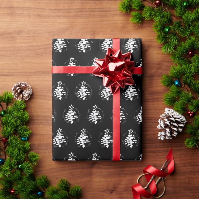 Weihnachtsbaum Weiße Silhouette Moderne Schwarz Geschenkpapier (Feiertagsgeschenk)