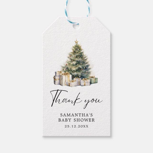 Weihnachtsbaum Winter Baby Dusche Aquarell Geschenkanhänger (Vorderseite)