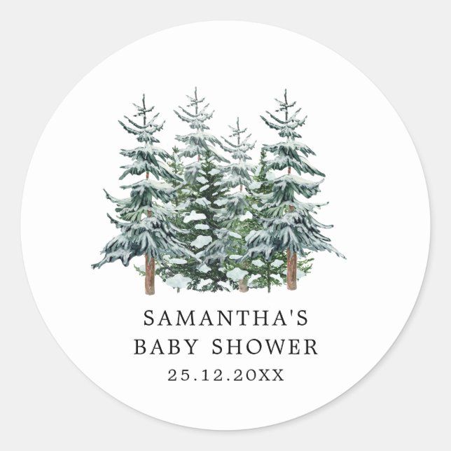 Weihnachtsbaum Winter Baby Dusche Aquarell Runder Aufkleber (Vorderseite)