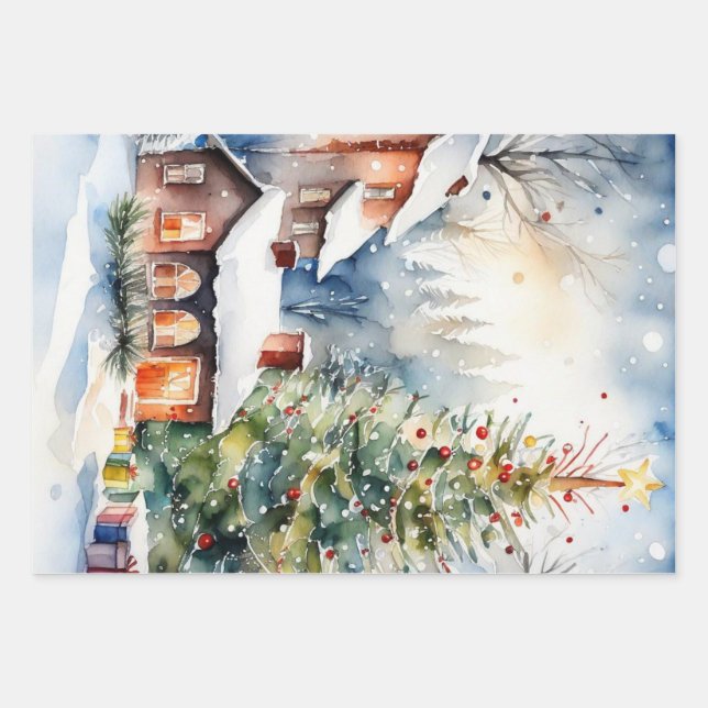 Weihnachtsbaum Xmas Dorf Schnee Pic Geschenkpapier Set (Vorderseite)