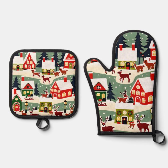 Weihnachtsbaum Xmas Dorf Schnee Pic Ofenhandschuh & Topflappen-Set (Vorderseite)