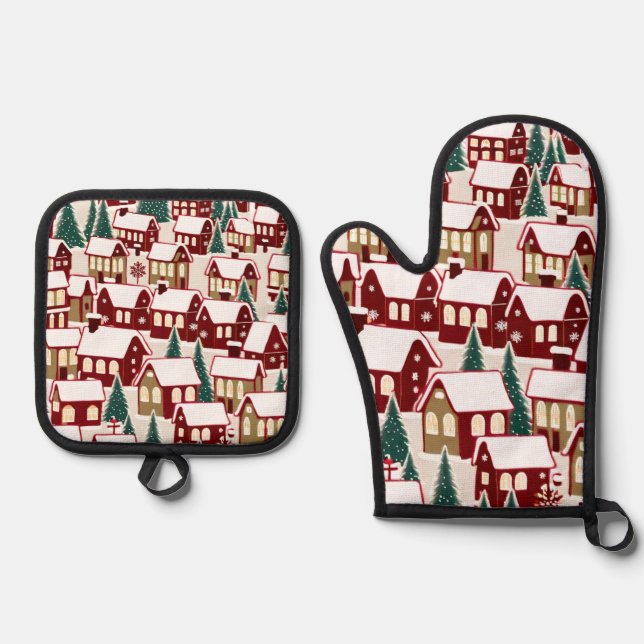 Weihnachtsbaum Xmas Dorf Schnee Pic Ofenhandschuh & Topflappen-Set (Vorderseite)