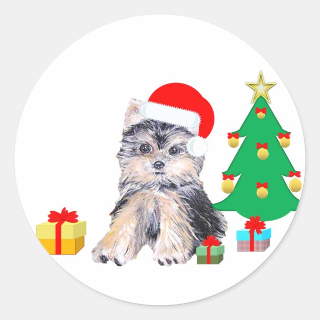 Weihnachtsbaum, Yorkshire Welpenhund & Geschenke Runder Aufkleber (Vorderseite)