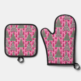 Weihnachtsbäume auf heiß rosa ofenhandschuh & Topflappen-Set