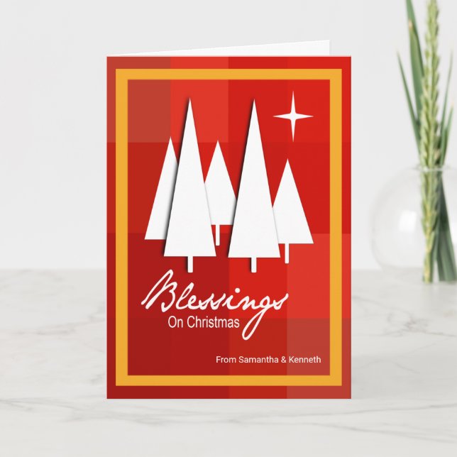 Weihnachtsbäume auf roten Schachteln Karte (Vorderseite)