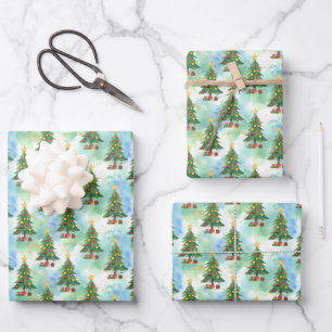 Weihnachtsbäume aus Alkohol-Tinte und Aquarell-Mus Geschenkpapier Set