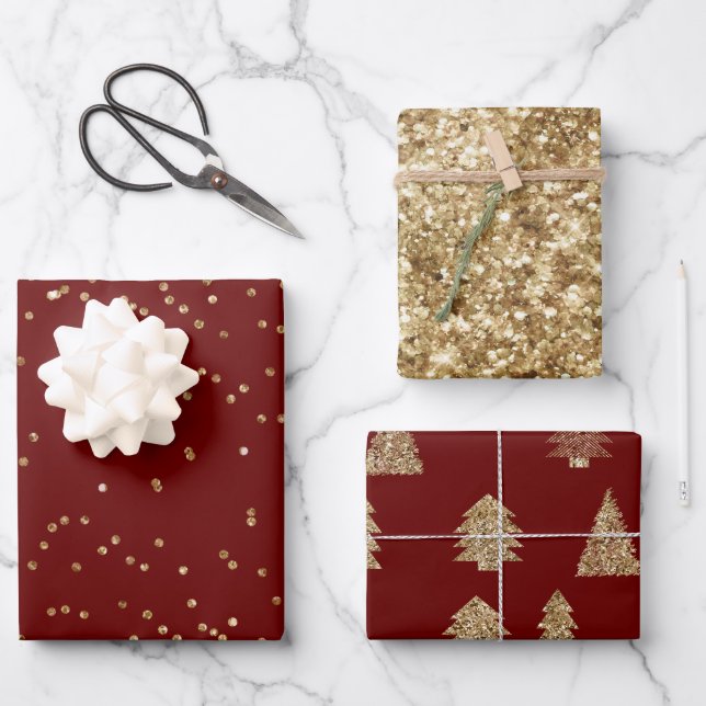 Weihnachtsbäume aus Gold Glitzer - Papierblätter Geschenkpapier Set (Vorderseite)
