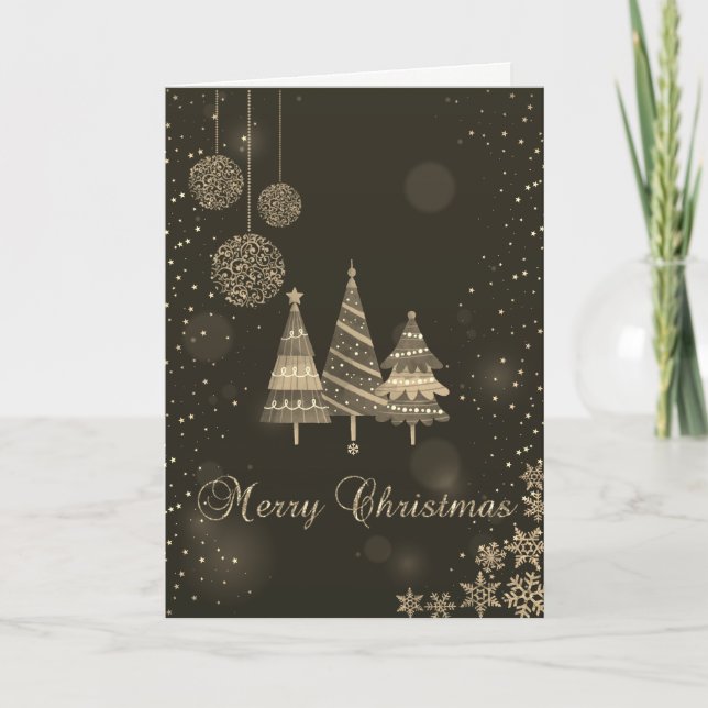 Weihnachtsbäume, Bälle, Schneeflocken Urlaub Feiertagskarte (Vorderseite)