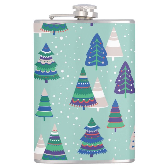 Weihnachtsbäume, blauer Hintergrund Flachmann (Vorderseite)