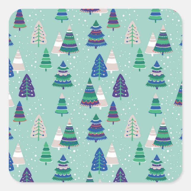 Weihnachtsbäume, blauer Hintergrund Quadratischer Aufkleber (Vorderseite)