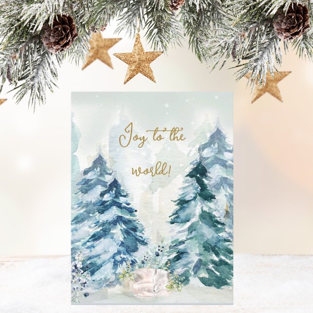 Weihnachtsbaume des Waldschnees Karte ("Joy to the World" winter wonderland Christmas greeting card. Watercolor in beautiful white wolf.)