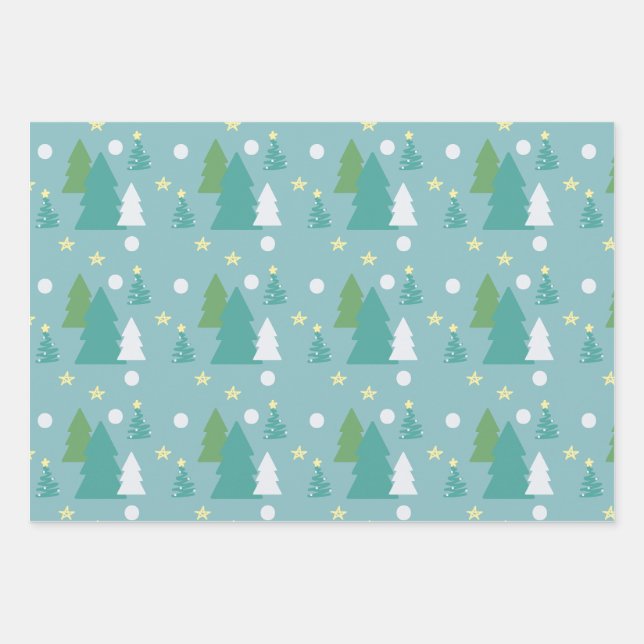 Weihnachtsbäume feierlich grün & blau geschenkpapier set (Vorderseite)